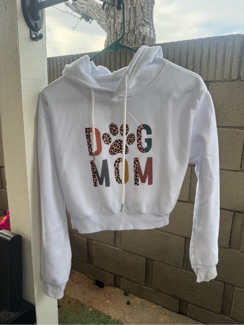 White Dog Mom Hoodie with Leopard Print Paw
